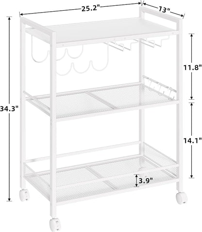 Joaxswe Bar Cart, Home Bar Serving Cart with 3-Tier Shelf,Microwave Cart with Lockable Wheels,Mobile Kitchen Shelf,Rolling Beverage Cart with Wine Rack and Glass Holder for Kitchen,Dinning Room,White