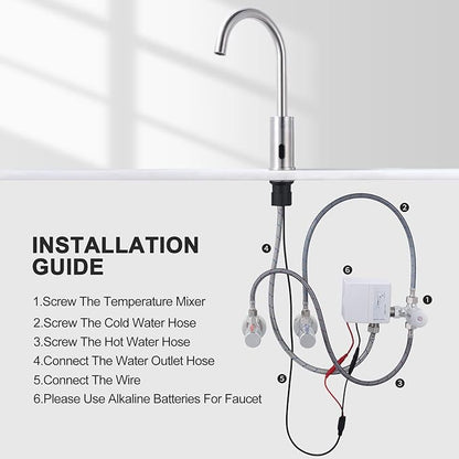 Automatic Touchless Bathroom Sink Faucet, WOWOW Motion Automatic Sensor Bathroom Faucet with Deck Plate, 1 or 3 Holes Motion Sensor Vanity Tap Hands Free Temperature Mixer, Brushed Nickel
