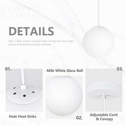 KoKo&Yukina 6 Inch Globe Pendant Light White Globe Pendant Lights Kitchen Island Mid Century Light Fixture with Milky White Glass Shade for Dining Room Living Room