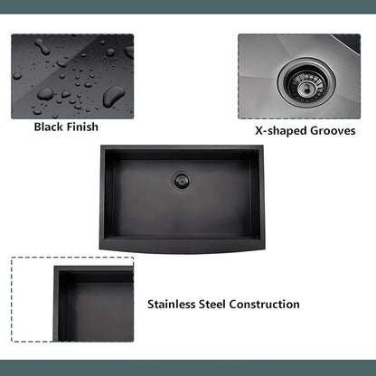 Comllen Commercial 33 inch 304 Stainless Steel Farmhouse Sink, Single Bowl Kitchen Sinks 16 Gauge 9 Inch Deep Handmade Undermount Farm Apron Front Kitchen Sink, Gunmetal Black