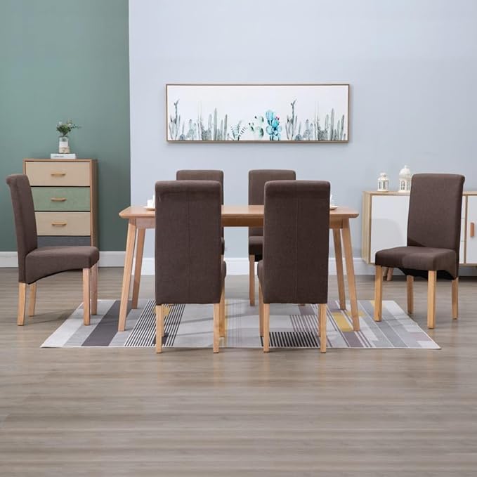 6 Pack Modern Farmhouse Dining Chairs Brown Fabric with Wooden Frame Set of 6 Comfortable Kitchen and Living Room Chairs for Home Furniture