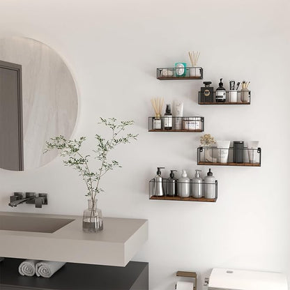 CRUGLA Floating Shelves Wall Mounted Set of 5, Hanging Storage Wall Shelf with Rail for Bathroom, Bedroom, Living Room, Kitchen