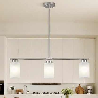 3-Light Kitchen Island Lighting Brushed Nickel Dining Room Light Fixture with Milk Glass Shade 31" Modern Linear Chandelier Adjustable Hanging Pendant Lighting Over Island Dining Table Living Room，E26