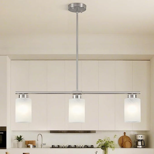 3-Light Kitchen Island Lighting Brushed Nickel Dining Room Light Fixture with Milk Glass Shade 31" Modern Linear Chandelier Adjustable Hanging Pendant Lighting Over Island Dining Table Living Room，E26