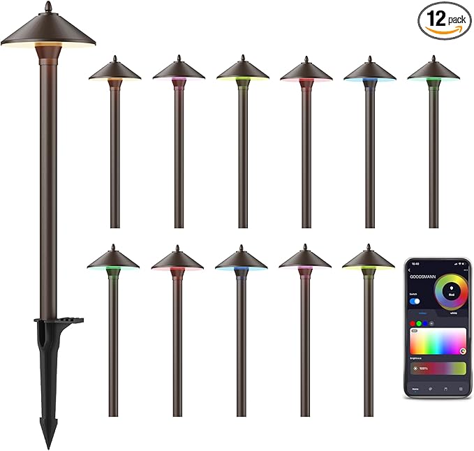 GOODSMANN Landscape Lighting RGBW 12PK Low Voltage Path Lights with Color Changing 2W 12V AC Landscape Lights 2900K with Cable Connectors