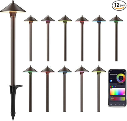 GOODSMANN Landscape Lighting RGBW 12PK Low Voltage Path Lights with Color Changing 2W 12V AC Landscape Lights 2900K with Cable Connectors