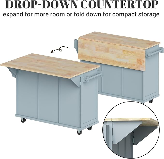 Rovibek Kitchen Island with Drawers 53 in Rolling Island Cart Mobile Portable Islands on Wheels Solid Wood Island with Storage Cabinet & Drawers, Blue