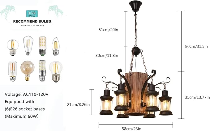 6-Light Wood Hanging Lamp, Industrial Farmhouse Island Chandelier with Black Metal Lampshade & Adjustable Cord, Retro Loft Chandelier Dinning Table Pendant Lamp Fixtures for Bar Home Hotel Hallway