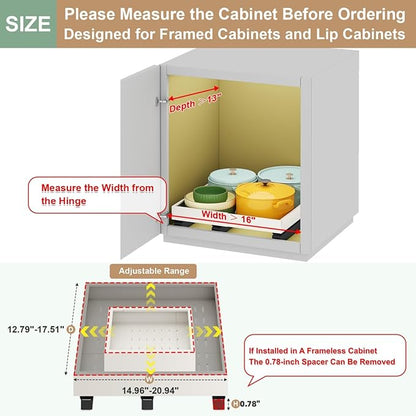 Pull out Cabinet Organizer,Expandable Width(16"-21"),Depth(13"-17") with 3 Rails,Roll out Drawers,No Drill Adjustable Slide out Shelves for Kitchen,Pantry,for Both Lip and Lip-Free Cabinets,White(1PC)