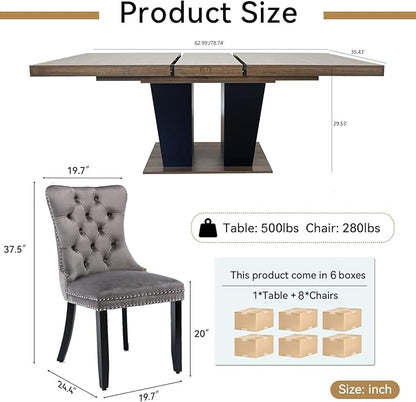 Goujxcy 9-Piece Extendable Dining Table Set for 6-8 People 63-78 Inch Kitchen Table Set with 8 Velvet Upholstered Chairs Farmhouse Rectangular Dining Room Table Set for Kitchen Dining Room Apartment