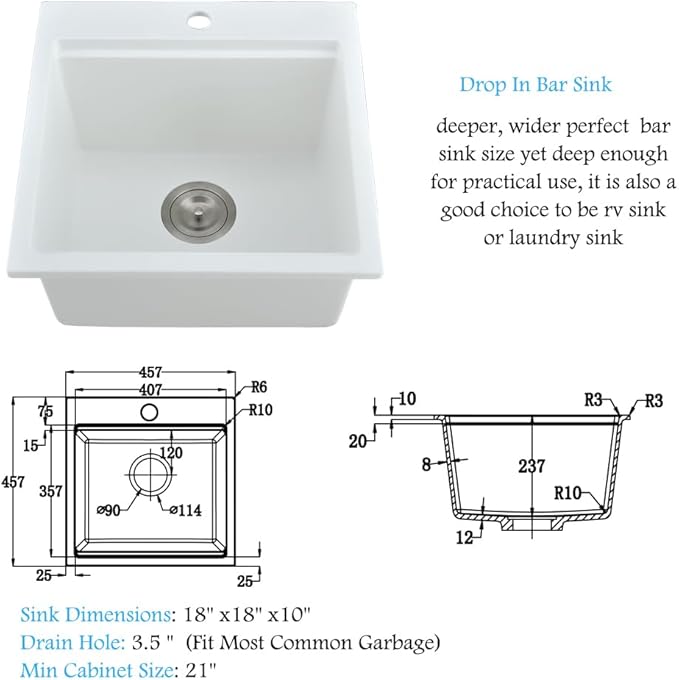 18 Inch White Drop In Bar Sink Workstation -Bokaiya 18x18 Inch Quartz Outdoor Rv Wet Bar Sink Single Bowl Small Drop In Kitchen Sinks with Cutting Board