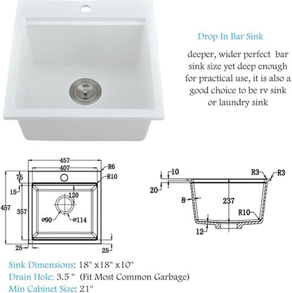 18 Inch White Drop In Bar Sink Workstation -Bokaiya 18x18 Inch Quartz Outdoor Rv Wet Bar Sink Single Bowl Small Drop In Kitchen Sinks with Cutting Board