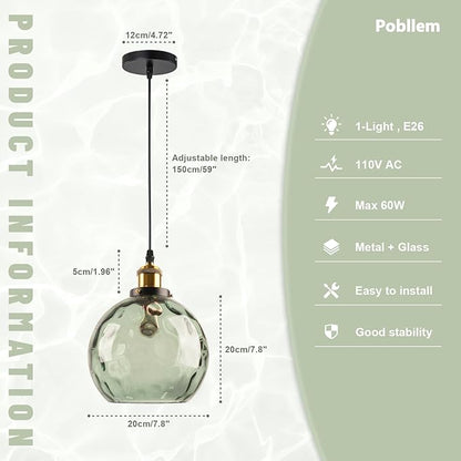 Modern Green Pendant Light, Hammered Glass Pendant Light Fixture Mid Century Globe Pendant Lights Vintage 1-Light Gold Hanging Pendant Lighting for Kitchen Island Dining Room Bedroom Bathroom