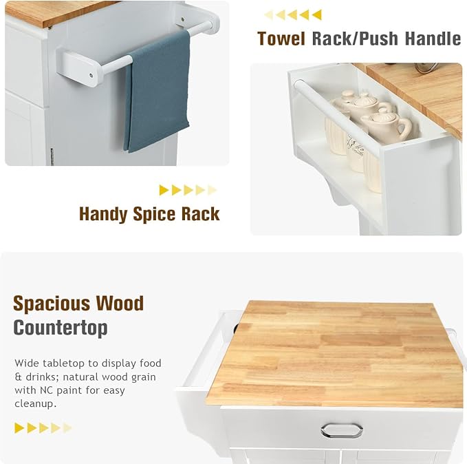 Harmony-Furniture Small Kitchen Island Cart, Narrow Butcher Block Kitchen Utility Cart w/Spice & Towel Rack, Rolling Kitchen Island with Storage Cabinets & Drawer for Dining Room (White)