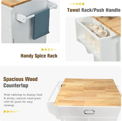 Harmony-Furniture Small Kitchen Island Cart, Narrow Butcher Block Kitchen Utility Cart w/Spice & Towel Rack, Rolling Kitchen Island with Storage Cabinets & Drawer for Dining Room (White)