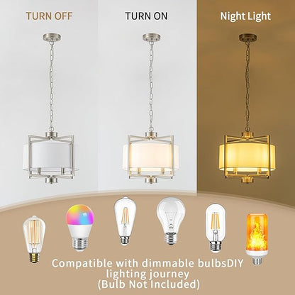 Modern Drum Chandelier for Dining Room, 4 Light Adjustable Rustic White Fabric Drum Chandeliers, Brushed Nickel Farmhouse Lights Hanging Light Fixture for Bedroom Living Room Hallway