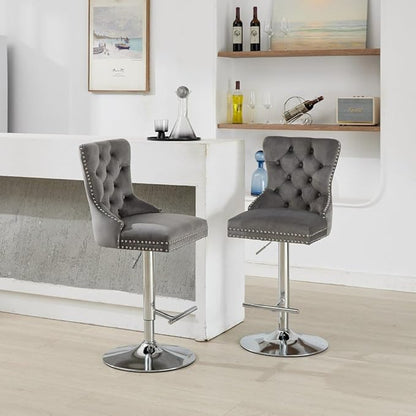 Set of 2 Thick Chrome Swivel Velvet Barstools,Adjustable 25-33" Height,with17.7 Base,Sponge&Spring Seat,for Home Pub&Kitchen Island(Blue) (Gray + Velvet + Foam-1)