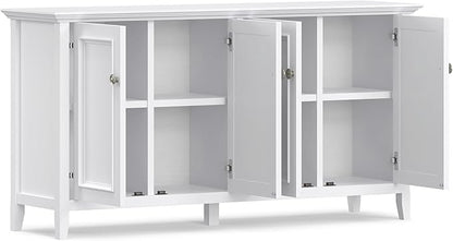 SIMPLIHOME Amherst Storage Cabinet - 66 inch Wide Solid Wood 4-Shelf Sideboard Cabinet in White, Transitional Buffet for Living Room or Dining Room with 4 Doors and Adjustable Shelves