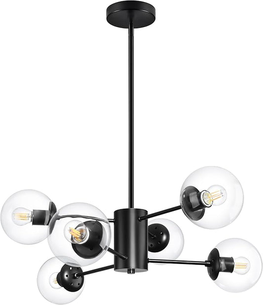 Bagood 6-Light Globe Sputnik Chandelier Modern Black Sputnik Chandelier Mid Century Pendant Light Matte Black Finished with Clear Globe Glass Lampshade Chandeliers for Dining Room Kitchen