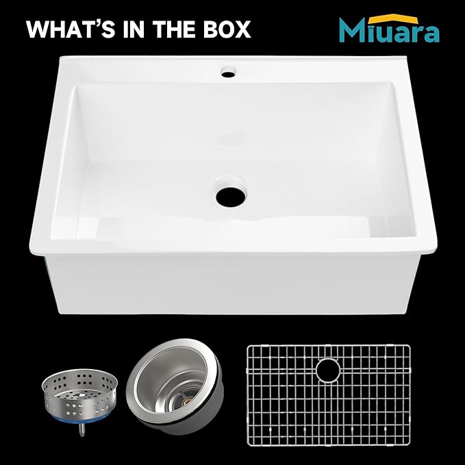 Miuara White Kitchen Sink Drop In 1 Hole 30"x22" - Small Topmount Fireclay Sink 30 Inch, Heavy Duay Deep Single Bowl, with 2 Custom Accessories, Glossy White, for Kitchen & Laundry