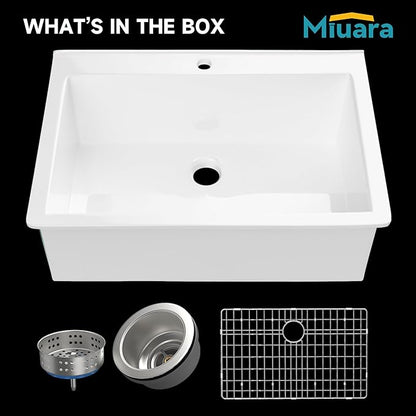 Miuara White Kitchen Sink Drop In 1 Hole 30"x22" - Small Topmount Fireclay Sink 30 Inch, Heavy Duay Deep Single Bowl, with 2 Custom Accessories, Glossy White, for Kitchen & Laundry
