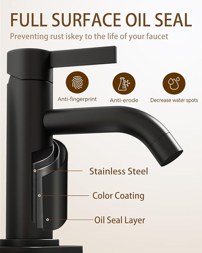 Fransiton Matte Black Bathroom Faucet Single Hole with Pop-Up Bathroom Drain and Flexible Hoses Single Handle Bathroom Sink Faucet w/Deck Plate(1 or 3 Hole) for Vanity Sinks, RV, Farmhouse