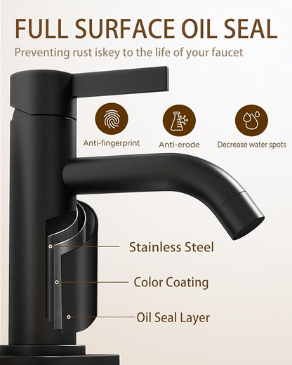 Fransiton Matte Black Bathroom Faucet Single Hole with Pop-Up Bathroom Drain and Flexible Hoses Single Handle Bathroom Sink Faucet w/Deck Plate(1 or 3 Hole) for Vanity Sinks, RV, Farmhouse