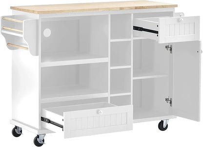Kitchen Island Cart with Storage Cabinet and Two Locking Wheels, Microwave Cabinet, Solid Wood Desktop, Floor Standing Buffet Server Sideboard for Kitchen Room, Dining Room, Bathroom (White-JZP1)