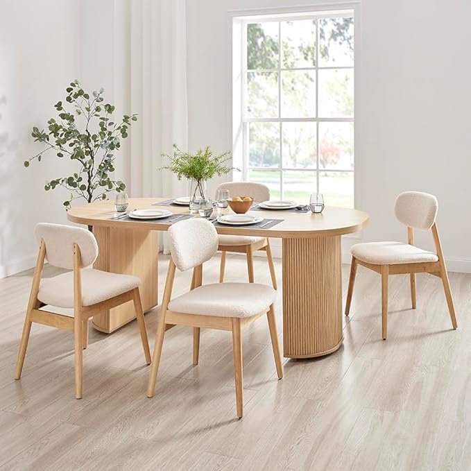 Wooden Dining Chairs Set of 2, Farmhouse Boucle Upholstered Kitchen Chairs, Step-By-Step Video Guide for Assembly, Cream White