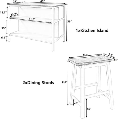 Solid Wood Rustic 3-Piece 45" Kitchen Island Set with 2 Seatings, Butcher Block Dining Table with 2 Stools Prep Table Set with 2 Open Shelves Dining Room Table Set for Bar, Living Room, Walnut+Black