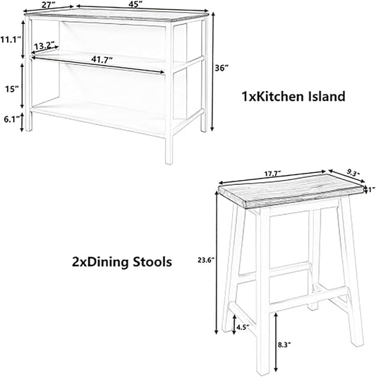 Solid Wood Rustic 3-Piece 45" Kitchen Island Set with 2 Seatings, Butcher Block Dining Table with 2 Stools Prep Table Set with 2 Open Shelves Dining Room Table Set for Bar, Living Room, Walnut+Black