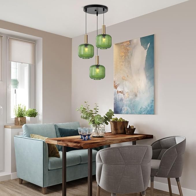3-Light Mid-Century Modern Pendant Light with Green Glass Globes Vintage Gold Finish, Kitchen Island Chandelier for Dining Room, Bar, Breakfast Nook