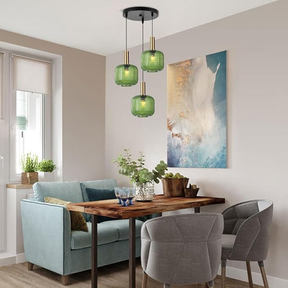 3-Light Mid-Century Modern Pendant Light with Green Glass Globes Vintage Gold Finish, Kitchen Island Chandelier for Dining Room, Bar, Breakfast Nook