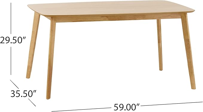 59" Mid-Century Solid Wood Island Table, Rustic Dining Table with Rubberwood Splayed Legs, Farmhouse Dining Table with Low-Maintenance Faux Wood Top for Family Meals, Natural