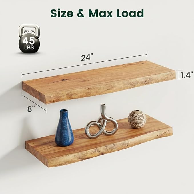 24 Inch Live Edge Floating Shelves, 8 Inch Deep Solid Elm Wood Wall Shelf, Heavy-Duty Wall Mounted Shelf with Invisible Brackets for Living Room, Bathroom, Kitchen, Set of 2, Natural Color