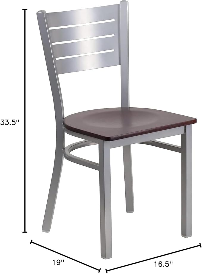 Flash Furniture 2 Pk. HERCULES Series Silver Slat Back Metal Restaurant Chair - Mahogany Wood Seat