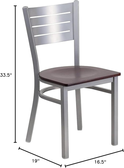 Flash Furniture 2 Pk. HERCULES Series Silver Slat Back Metal Restaurant Chair - Mahogany Wood Seat