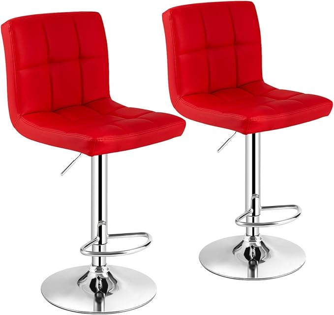 COSTWAY Adjustable Bar Stools Set of 2, Modern Swivel PU Leather Bar Chair with Backrest, Soft Cushioned Seat, Footrest, Sturdy Metal Frame, Comfortable Barstools for Kitchen Island, Pub, Red