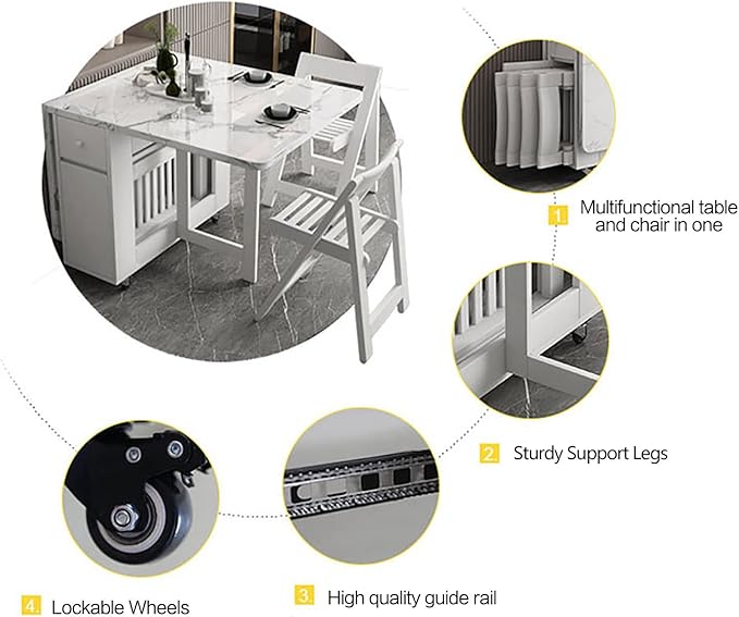 FUNROLUX Folding Dining Table with Rack and 2 Storage Drawers, Movable Extendable Space Saving Kitchen Table in 3 Forms (White)