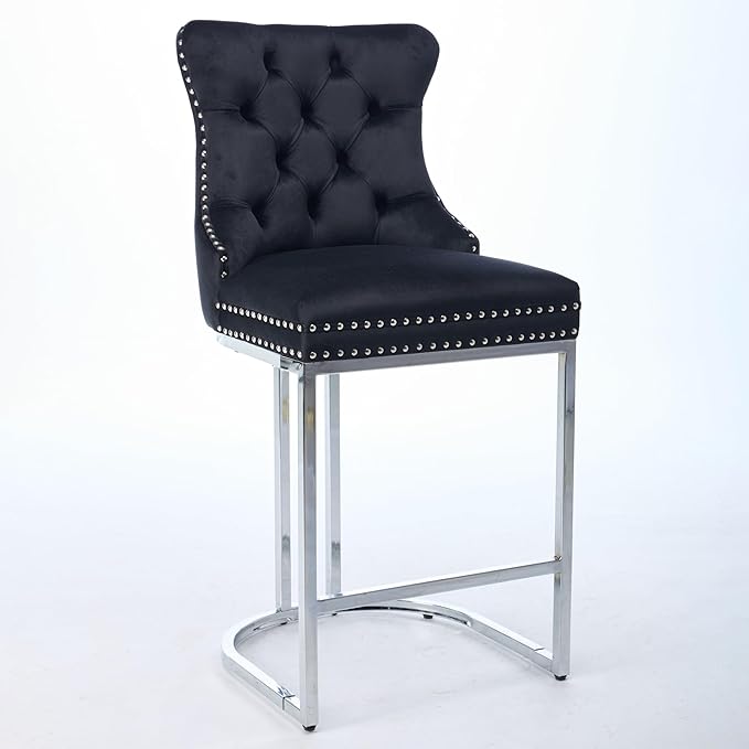 25" Counter Height Bar Stools Set of 2, Velvet Bar stools with Button BackRivet Trim Upholstered Kitchen Island Chairs with Sturdy Chromed Metal Base Legs Bar Stools, (Black,2 Pack)