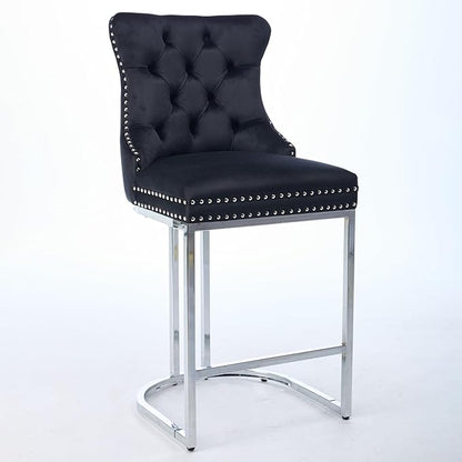 25" Counter Height Bar Stools Set of 2, Velvet Bar stools with Button BackRivet Trim Upholstered Kitchen Island Chairs with Sturdy Chromed Metal Base Legs Bar Stools, (Black,2 Pack)