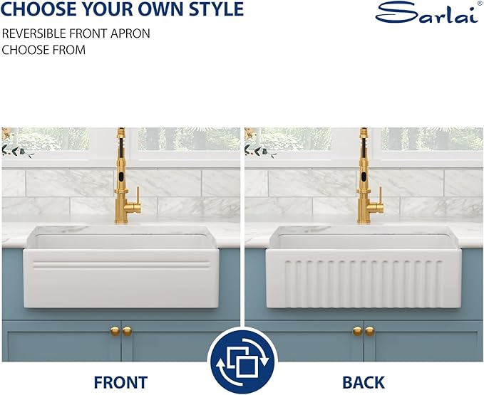 Sarlai 30 Farmhouse Sink White - 30 x 18 Inch Kitchen Sink Apron Front Reversible White Ceramic Porcelain Fireclay Single Bowl Farm Sinks Basin