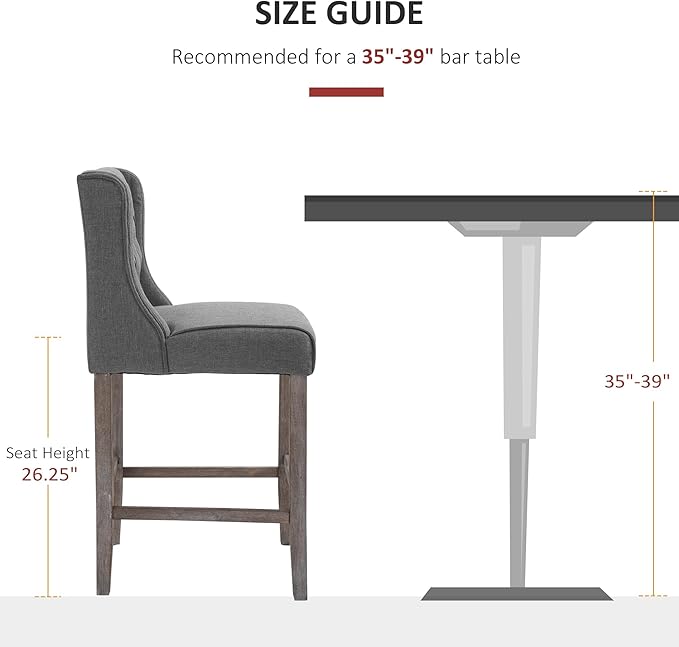 HOMCOM 26.25" Counter Height Bar Stools, Tufted Wingback Armless Upholstered Dining Chair with Rubber Wood Legs, Set of 2, Gray