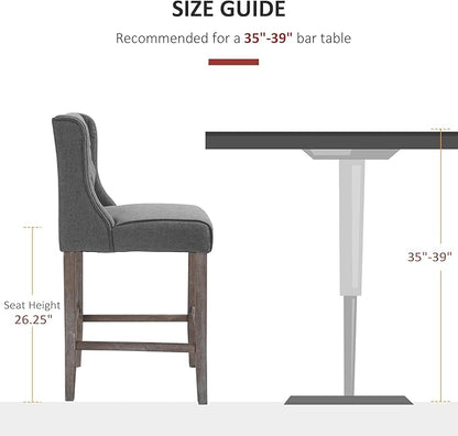HOMCOM 26.25" Counter Height Bar Stools, Tufted Wingback Armless Upholstered Dining Chair with Rubber Wood Legs, Set of 2, Gray
