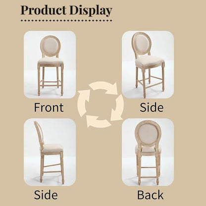 French Country Upholstered Bar Stools Set of Two, Natural Rattan Round Backrest, Solid Wood Frame with Carving and Wire Drawing Techniques, Vintage Dining Chairs for Kitchen Island (Beige B)