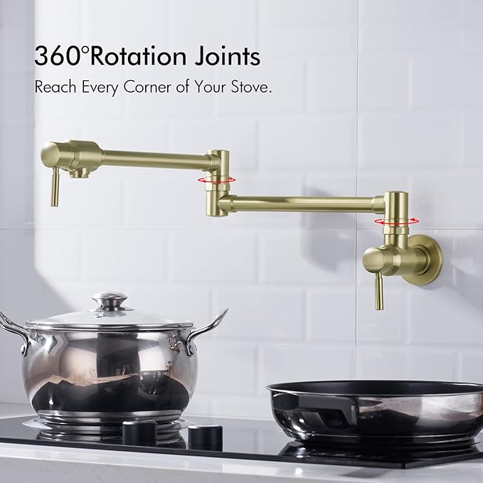 BAGNOLUX Brushed Gold Pot Filler Faucet, Traditional Double Handle Coffee Machine Wall Mount with Spout Reach Double-Jointed Swivel Stove Brass Kitchen Faucet 23.4 Inch, Brushed Light Yellow Gold