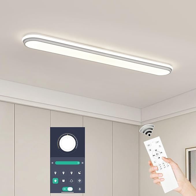 Smart 4Ft Linear LED Ceiling Light, 68W Dimmable Flush Mount Wraparound Fixture with Remote Control, Modern Metal Design, Suitable for Energy-Saving LED Lighting for Home Use