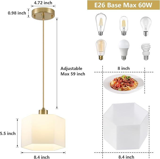 XSDeTu Milk Glass Pendant Lights Kitchen Island 2 Pack, Modern Gold Hanging Light Fixture, Mid-Century Hexagonal Ceiling Lamp, Mini Farmhouse Chandelier for Dining Room Sink Bathroom Bedroom Hallway