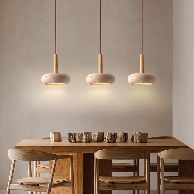 Japanese Wabi sabi Pendant Light with Natural Stone Shade, Dimmable Modern Wood Hanging Lamp Fixture, Adjustable Height Pendant Lamp for Bedroom, Kitchen Island, Dining Room, Restaurant, Cafe, Bar (E)