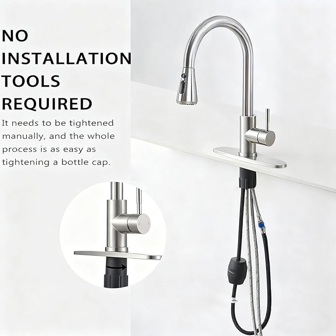 HOTIS Kitchen Faucet with Pull Down Sprayer, Brushed Nickel Stainless Steel High Arc Single Handle Faucets with Deck Plate for 1 or 3 Hole, Suitable for Farmhouse Camper Rv Bar, HT-KYT010L-D-2